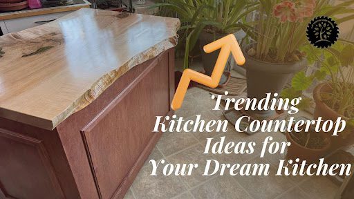 Image of a resin countertop with the words "Trending Kitchen Countertop Ideas for Your Dream Kitchen” on top.